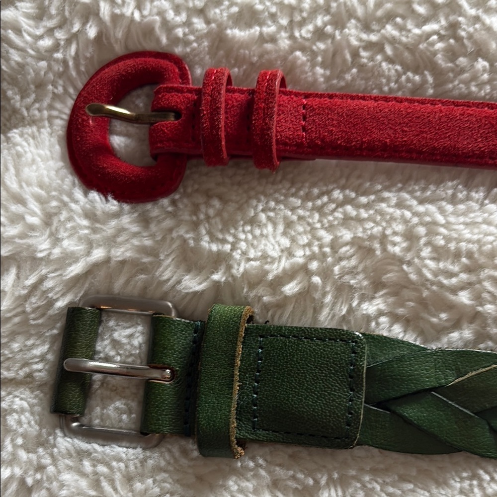 Red and Green Leather Belts with Classic Buckles